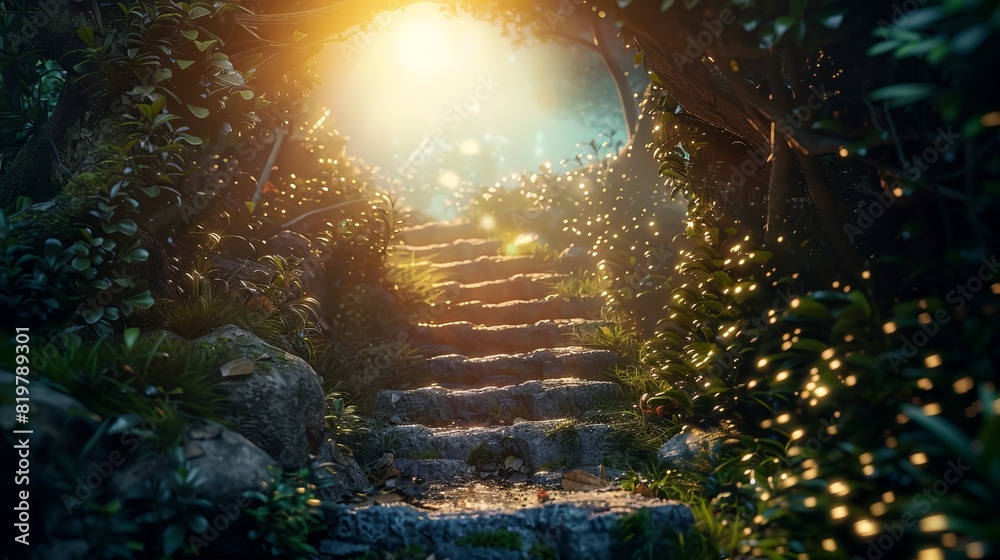 Mystical forest stairway illuminated by ethereal glow and surrounded by lush foliage and sparkling light, creating a magical pathway.