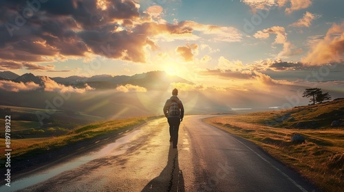 Person hiking on scenic mountain road at sunrise, capturing breathtaking landscape with dramatic clouds and sunlight in the sky.