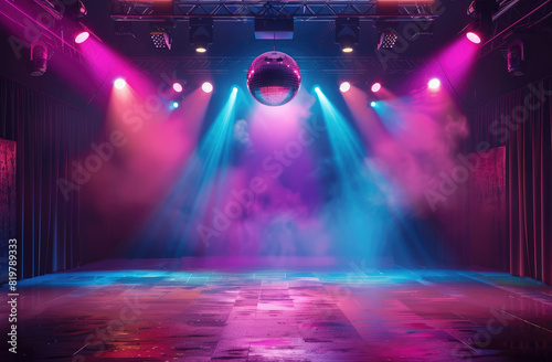 An empty nightclub stage with spotlights shining down. There is no audience and the room feels dark but has an air of luxury.