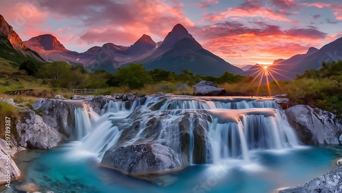 Waterfalls Nature Landscape in Mountains Sunset