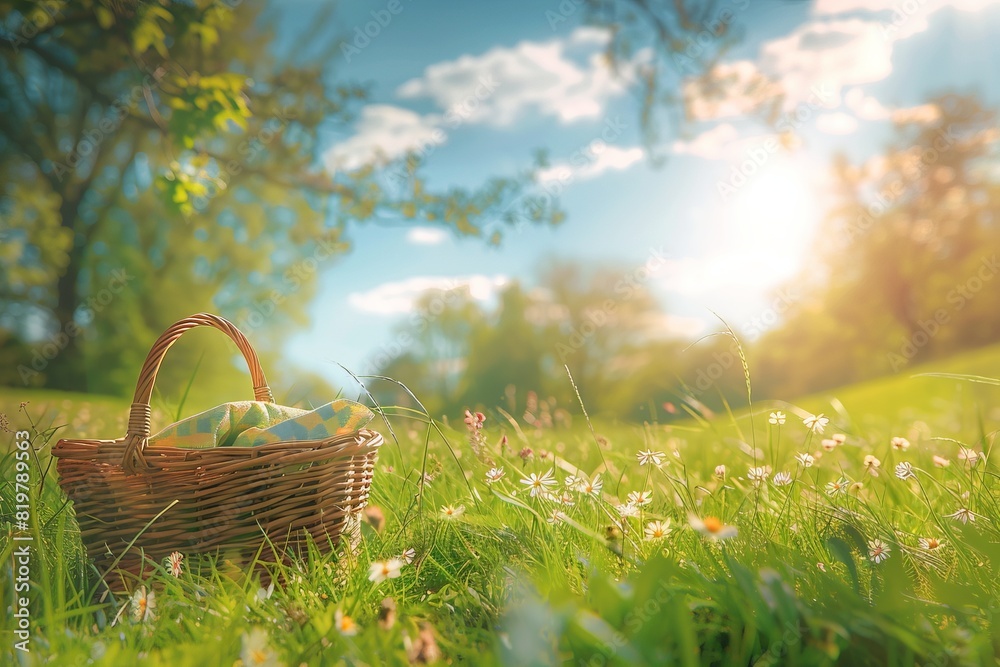 Serene picnic scene with wicker basket in sunlit meadow filled with grass and flowers, under a bright blue sky and soft clouds. Serene picnic scene with wicker basket in sunlit meadow filled with grass and flowers, under a bright blue sky and soft clouds.