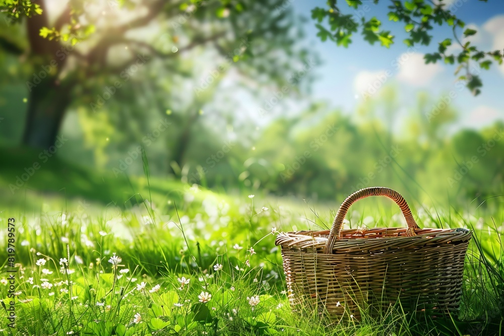 Serene picnic scene with wicker basket on lush green meadow, surrounded by trees and sunshine, perfect for outdoor relaxation and nature lovers. Serene picnic scene with wicker basket on lush green meadow, surrounded by trees and sunshine, perfect for outdoor relaxation and nature lovers.