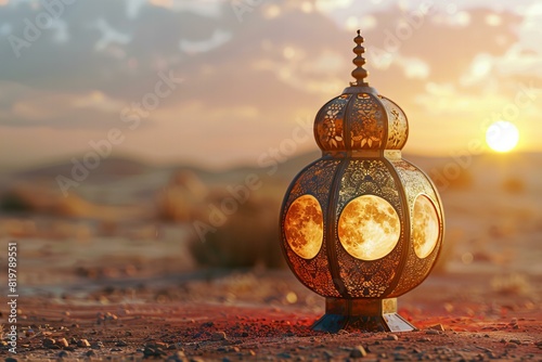 Illustration of moroccan lantern on ground in desert with an image of two moons