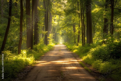 Serene sunlight bathes a forest path, creating a tranquil atmosphere with lush greenery and towering trees in the verdant woodland.