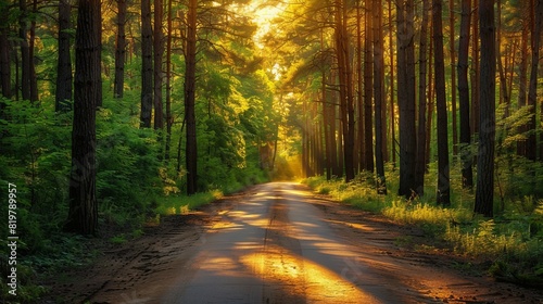 Sunlit forest road surrounded by tall trees  casting long shadows. Capturing the serenity of nature with golden evening light.