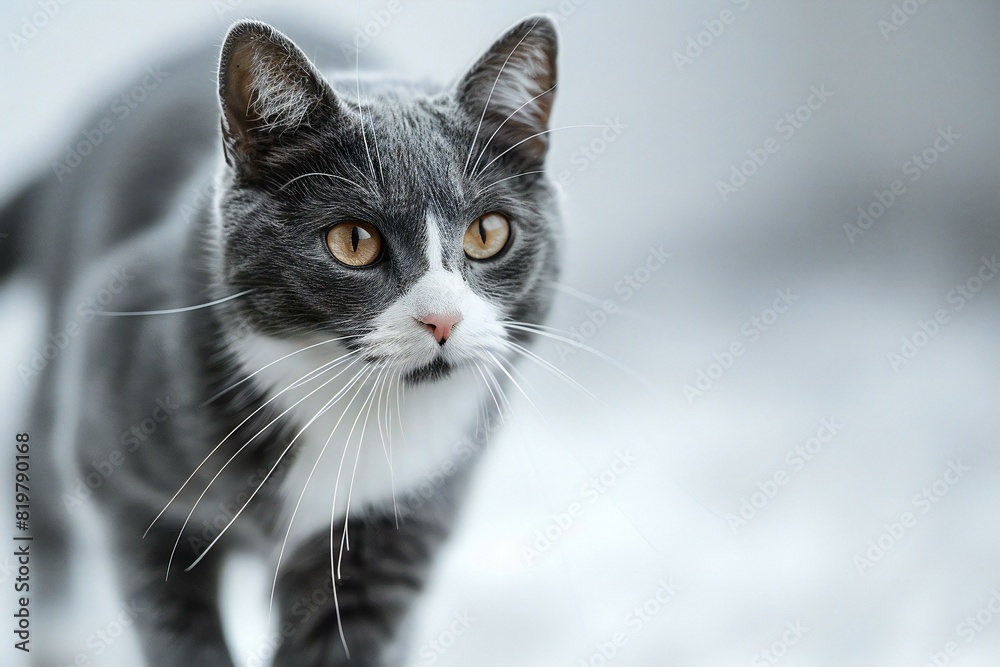 Walking gray and white cat close up stock photo, high quality, high resolution
