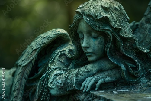 Depicting a angel statue is laying on a bench, high quality, high resolution