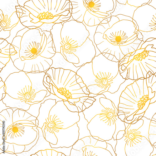 Poppy flowers golden outline pattern on white background