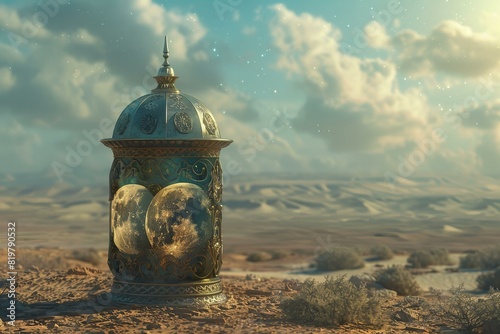 A moroccan lantern on ground in desert with an image of two moons