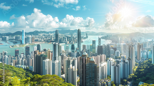A panoramic view of a bustling Asian financial district with skyscrapers and corporate headquarters, symbolizing wealth and economic power 