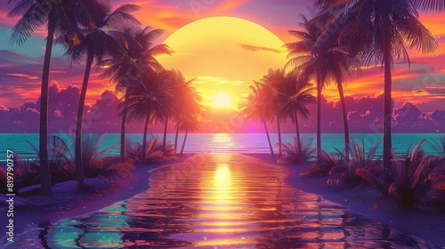 Fototapeta Naklejka Na Ścianę i Meble -  80s retro sunset, palm trees on both sides, neon orange, yellow, purple, and blue. Generative AI.