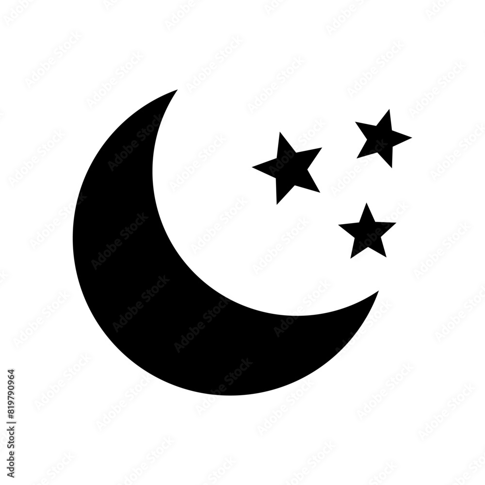 Crescent moon with stars icon on white background. Night icon. Crescent moon icon. Minimalist style. Crescent moon with stars icon on white background. Night icon. Crescent moon icon. Minimalist style.