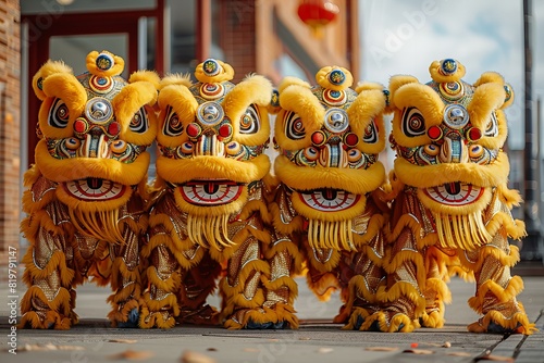 Four yellow chinese lion dancers gather outside for a parade photo