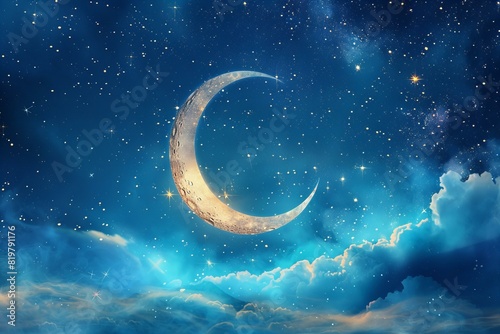 Featuring a crescent and moon against the blue background with stars