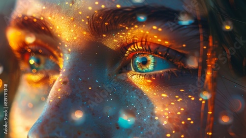 A woman's face is covered in glitter, with her eyes reflecting the light