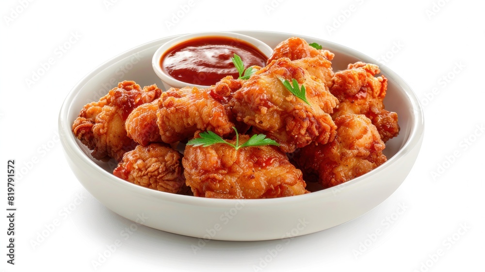 The savory delight of fried chicken looks irresistibly delicious with chili sauce and white background The savory delight of fried chicken looks irresistibly delicious with chili sauce and white background