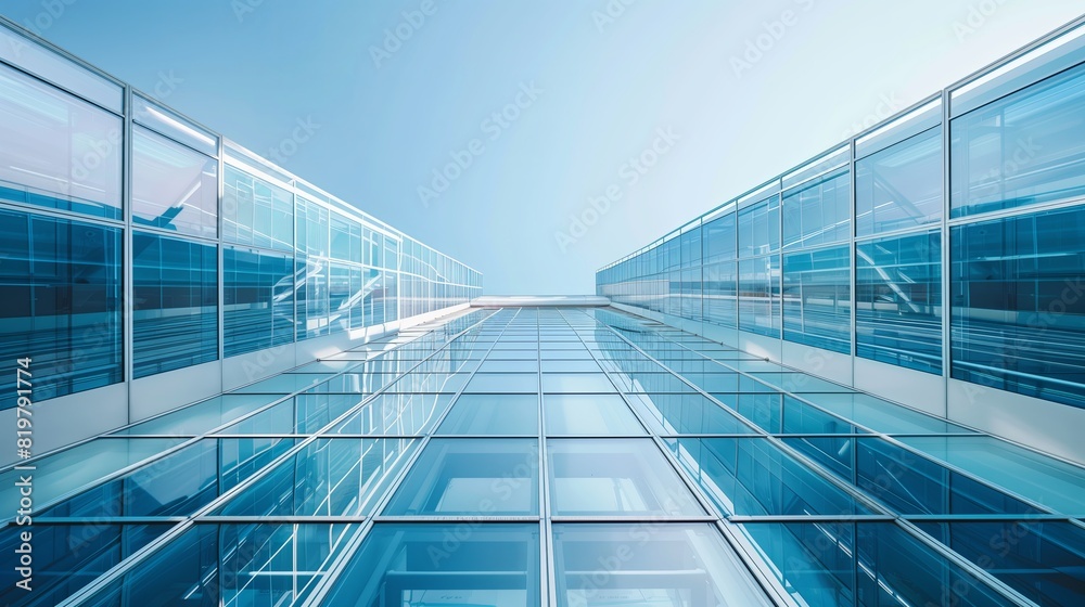 Obraz premium Modern architecture with glass windows. Office building facade, blue reflection. Business construction, urban design. Abstract geometric pattern, steel structure. Transparent