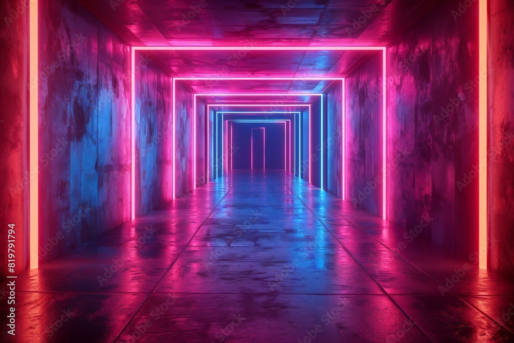 Empty room from space dark hallway with neon light