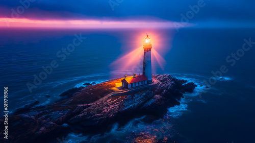 Lighthouse beams playfully dance and twirl, creating a vibrant light show along the coastal horizon photo