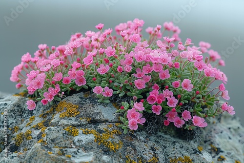 Digital image of pink wild fower growing on rocks brittany cliffs cairns california photo