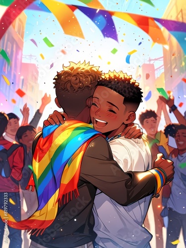 Two Happy African men wearing Pride rainbow flags, close to each other, hugging, Pride day celebration, rainbow colors, pride day themed art, anime style illustration