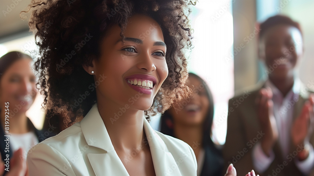 A businesswoman smiling as she signs a contract, surrounded by colleagues applauding her achievement A businesswoman smiling as she signs a contract, surrounded by colleagues applauding her achievement