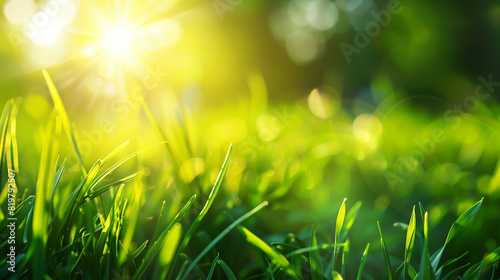 Close-up capture of lush, youthful green grass on a vibrant summer morning, illuminated by bright sunlight.