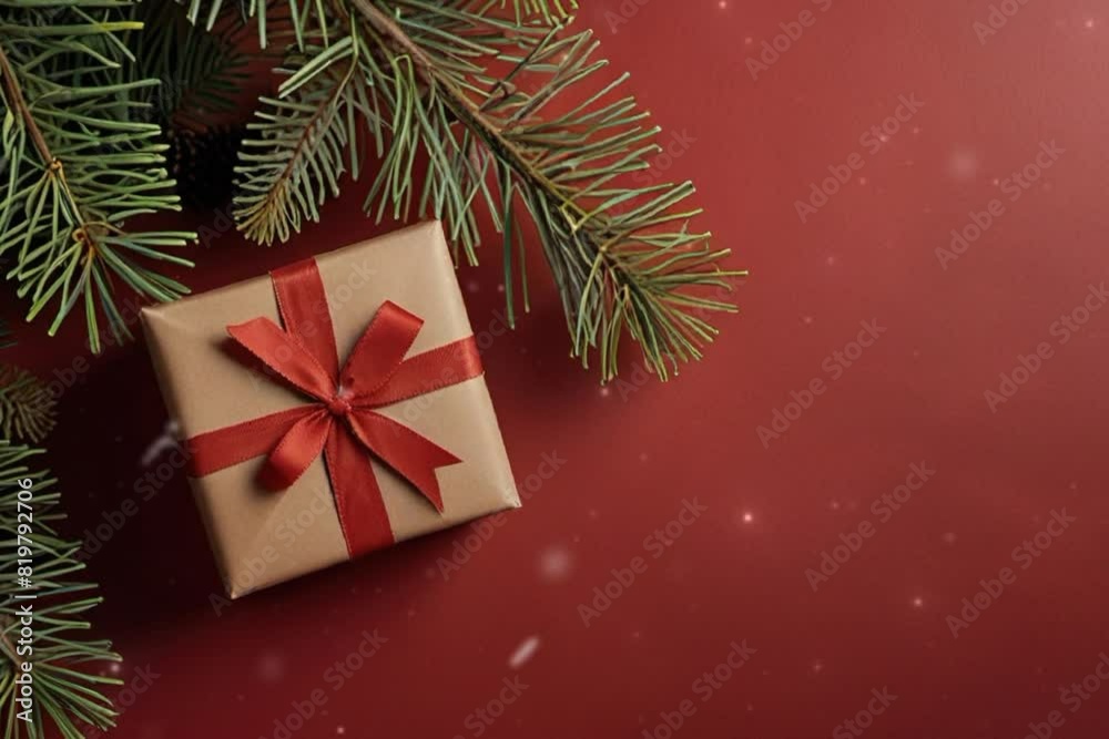 Christmas gift box with Christmas tree branches, red background and space for text Christmas gift box with Christmas tree branches, red background and space for text
