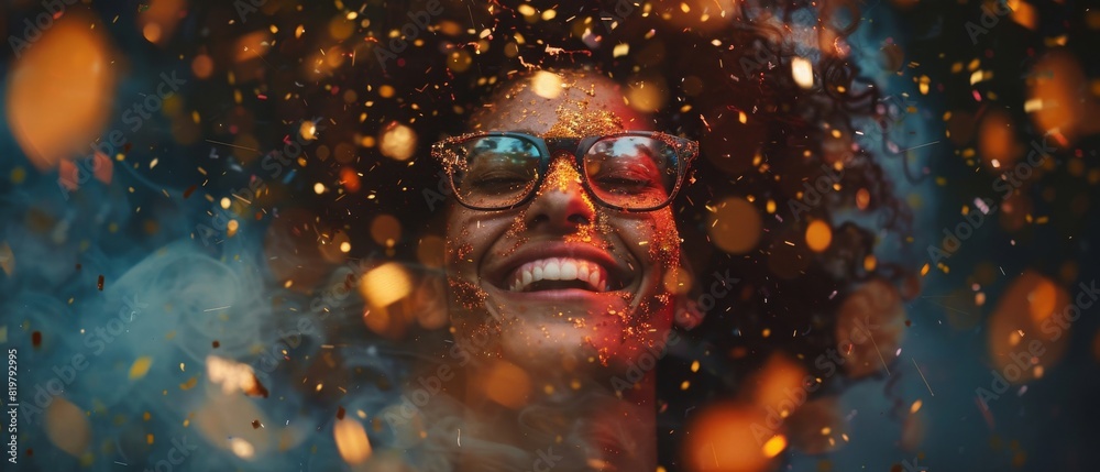 A woman with curly hair and glasses is smiling in a bright, colorful background A woman with curly hair and glasses is smiling in a bright, colorful background