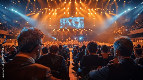 A bunch of people during an event in a great modern theatre looking to a modern technical plenary on stage. Generative AI.