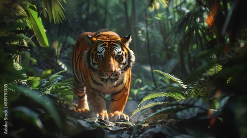 Imagine a world where holographic displays blend seamlessly with a natural habitat Show a holographic tiger shimmering amidst a dense forest from an unexpected angle