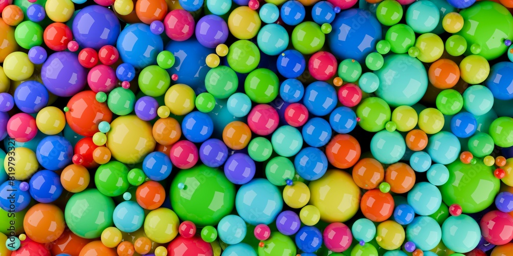 Heap of different sized colourful spectrum or rainbow colored spheres or balls, color, education or playing concept background