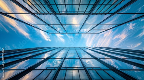 Modern city construction, blue sky. Office skyscraper with glass facade, abstract reflection. Business building, urban downtown. Futuristic design, steel structure. High tower,