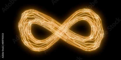 Orange abstract wireframe glowing infinty symbol isolated on black background, eternity or limitless concept photo