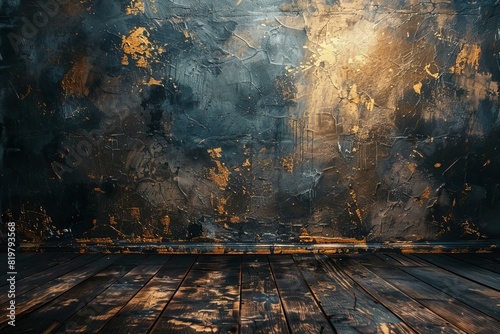 Digital artwork of eerie, dark, old wooden flooring background in open space royalty free image photo