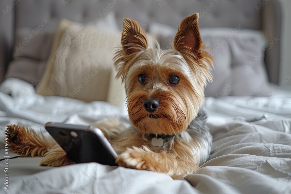 Cute Yorkshire terrier funny holds a smartphone in his paw, as if in his hand. Cute Yorkshire terrier funny holds a smartphone in his paw, as if in his hand.