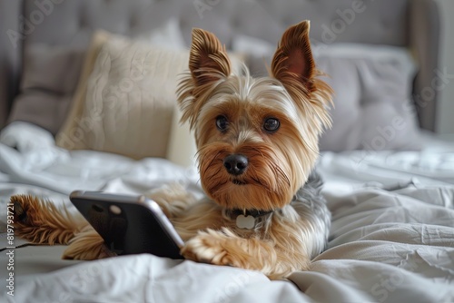 Cute Yorkshire terrier funny holds a smartphone in his paw, as if in his hand. 