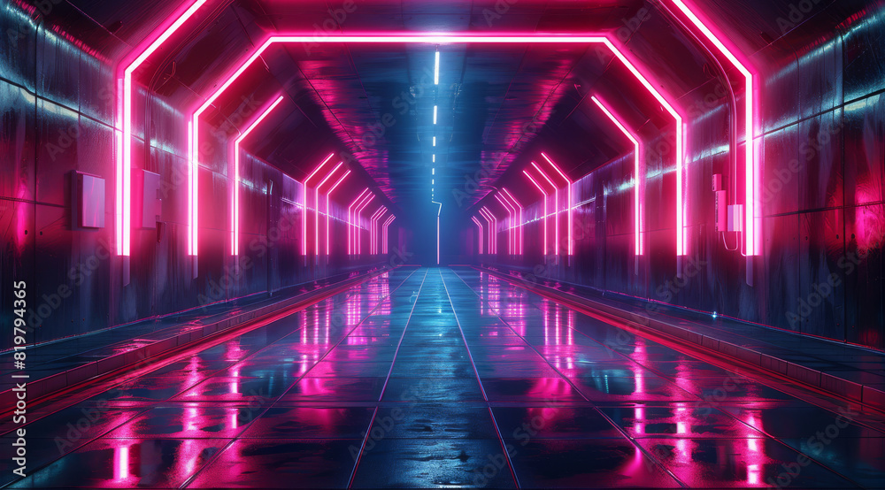 Sci Fi neon glowing lines in a dark tunnel and reflections on the floor and ceiling. Generative AI. Sci Fi neon glowing lines in a dark tunnel and reflections on the floor and ceiling. Generative AI.