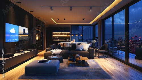 high-tech living room with integrated smart home technology