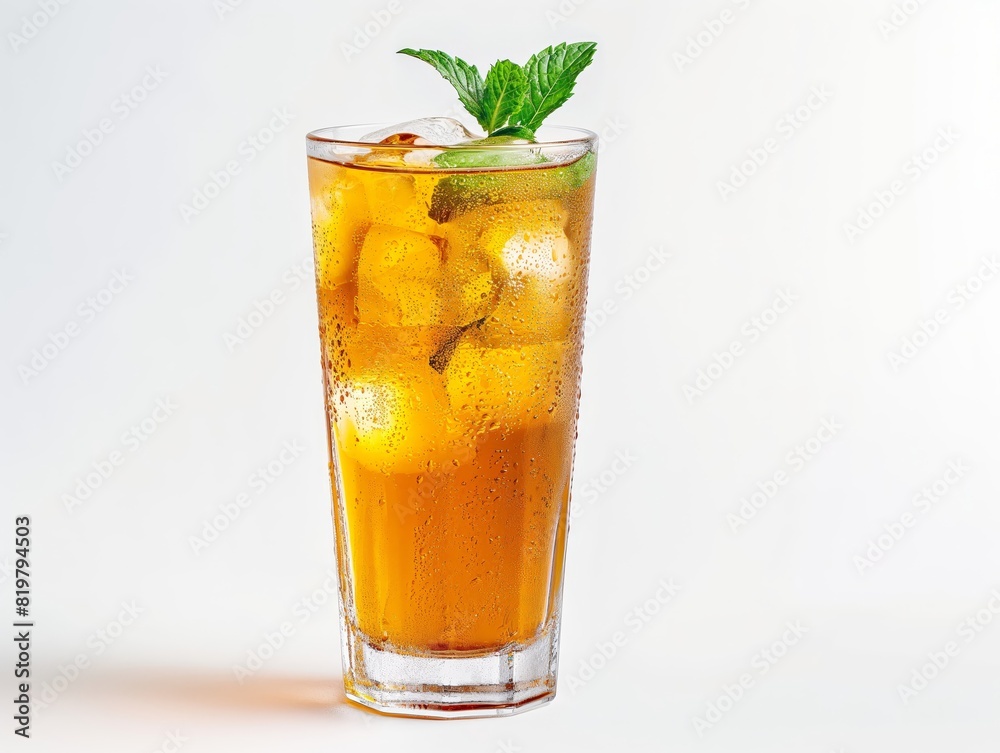 A tall glass filled with herbal iced tea, featuring a natural, amber hue