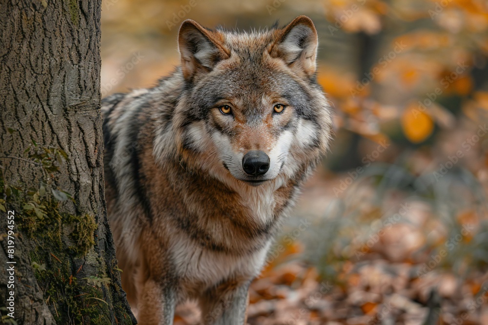 A grey wolf standing in the forest near a tree, high quality, high resolution