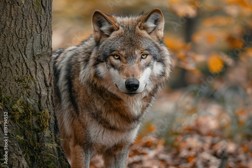 A grey wolf standing in the forest near a tree  high quality  high resolution