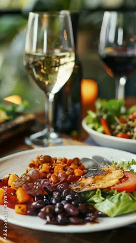 A plate of food with a glass of wine on the table. The wine glass is half full and the food is colorful and appetizing. Scene is inviting and relaxing, as it suggests a mealtime with friends or family