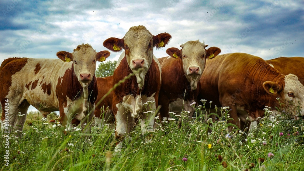 Large group of cows grazing in a lush, green field dotted with colorful wildflowers Large group of cows grazing in a lush, green field dotted with colorful wildflowers