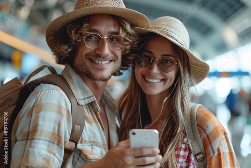 A photograph of a attractive cheerful couple travelers , eyes in focus, an airport, wearing summer clothes, holding her phone, realism 8k photo
