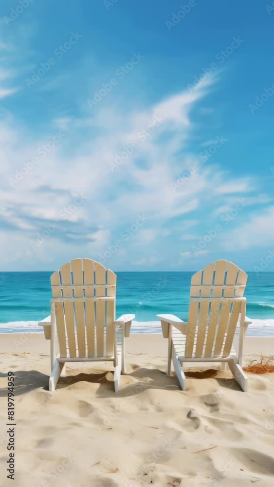 Two white beach chairs are facing the ocean. The sky is blue and there are no clouds Two white beach chairs are facing the ocean. The sky is blue and there are no clouds