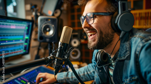 male radio host presenter speaking into professional microphone wearing headphone in studio photo