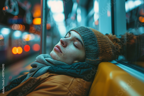 A commuter napping on a train, selective focus, rest theme, dynamic, composite, train backdrop photo