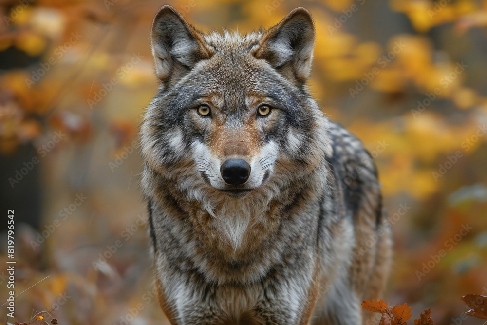 Depicting a  gray wolf standing in the woods in full view, high quality, high resolution