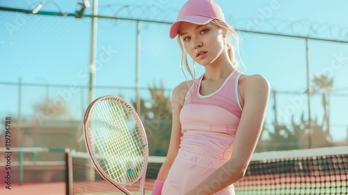 a cute woman wearing a tennis racquet and a pink tennis outfit